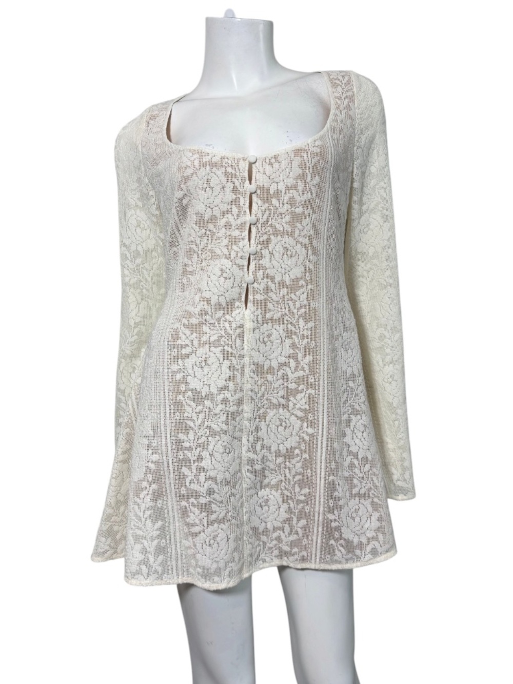 LOBA by Revolve Floral Lace Mini Dress Bell Sleeve Ivory Cream Large